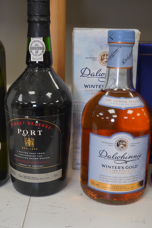 A bottle of Bells Old Scotch whisky, two bottles of port, one bottle of Dalwhinnie whisky and Rio Verde Sauvignon Blanc (6) condition - storage unknown